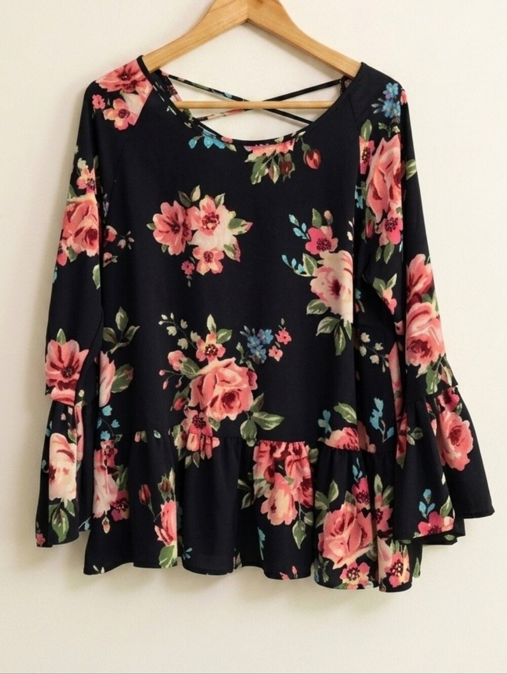 Lara Navy Floral Bell Sleeve Top - Size Medium